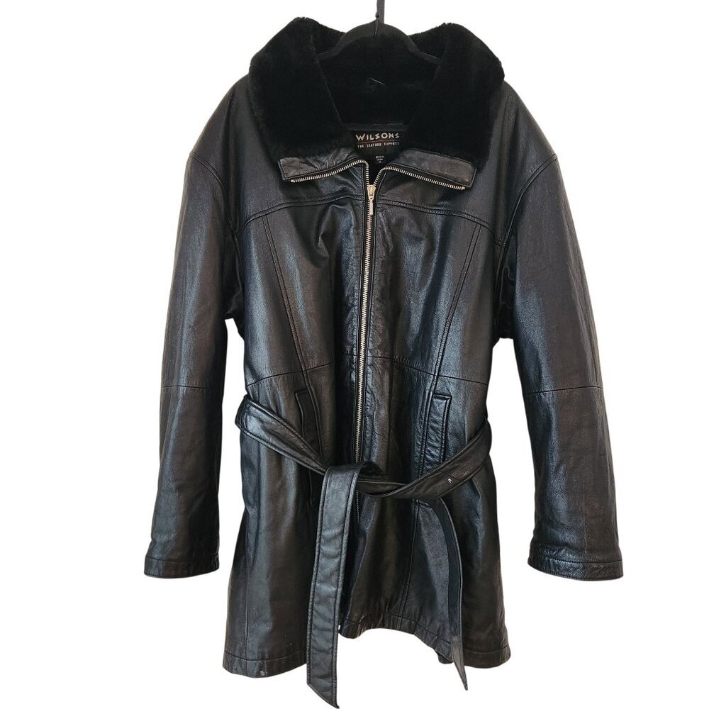 Wilsons Leather Black Genuine Leather Faux Fur Lining Belted Winter Coat XL